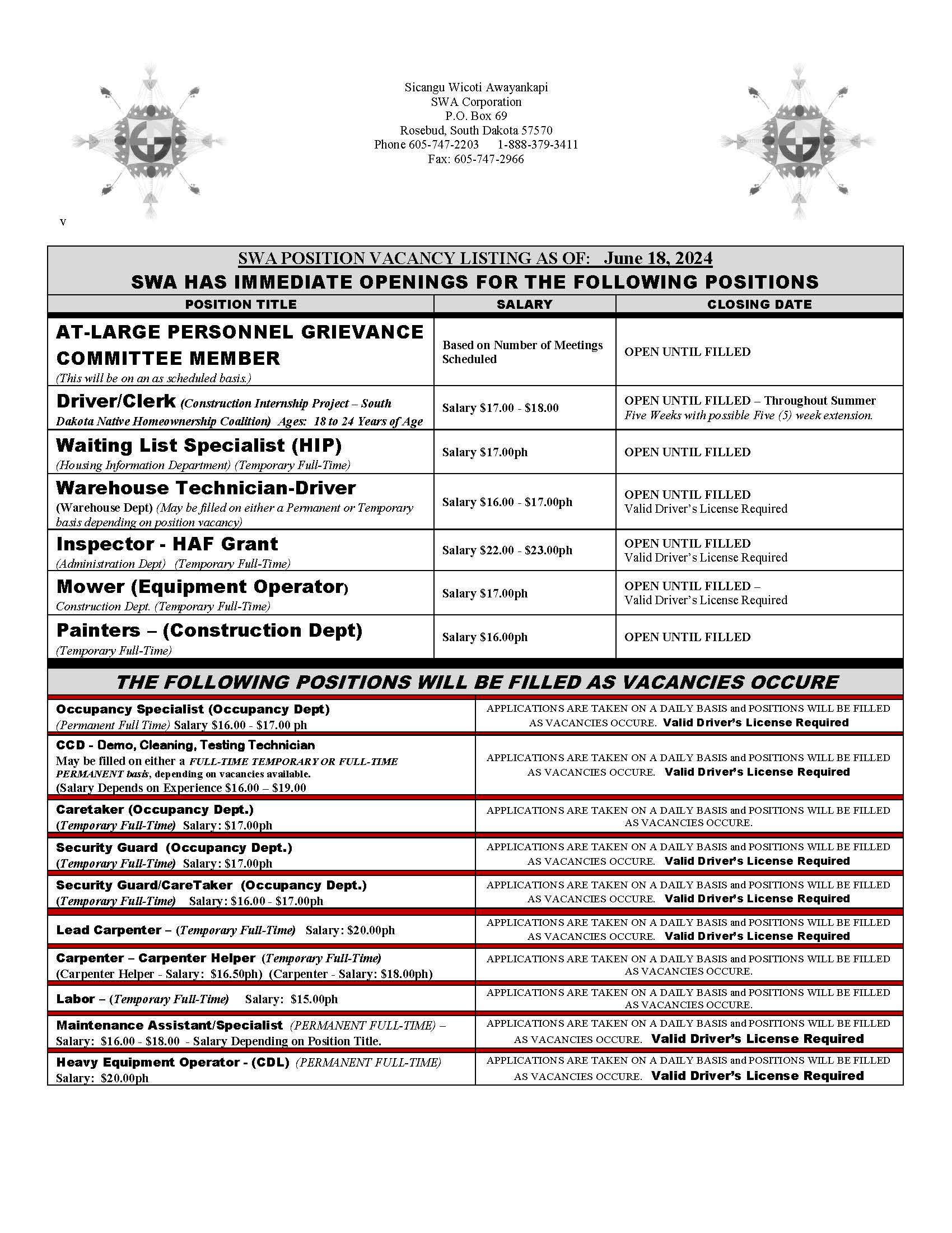 SWA Job Vacancies SWA Corporation Rosebud, SD